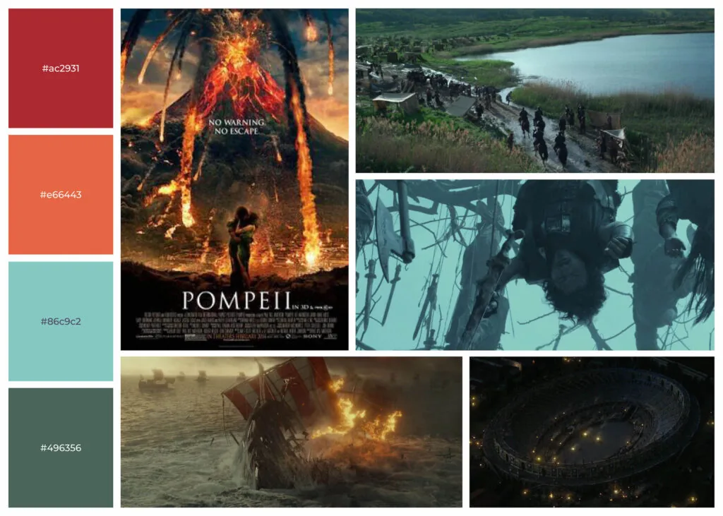 Images depicting a bird's eye view of Romans walking on a pathway, a man handing upside down, a boat sinking into the ocean and burning, and the colosseum at night from Pompeii (2014).