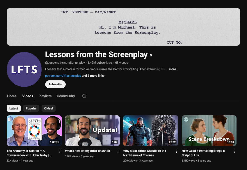 Screenshot of the Lessons from the Screenplay YouTube channel
