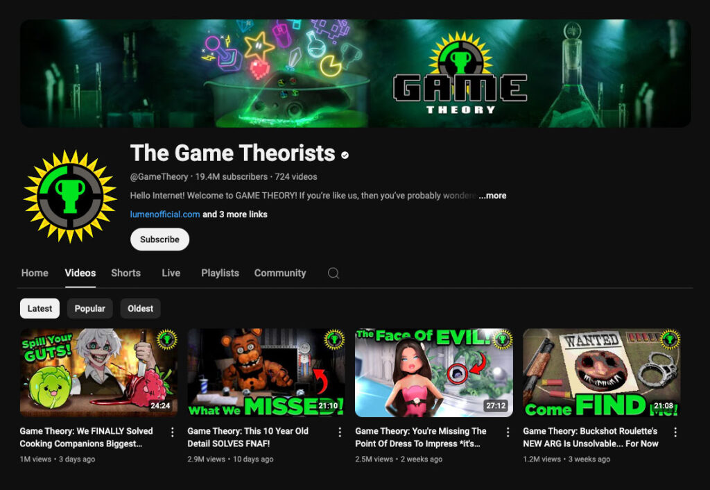 Screenshot of The Game Theorists YouTube channel