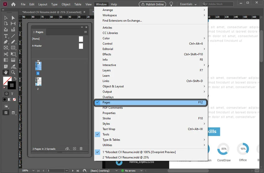 Pages panel in Adobe InDesign