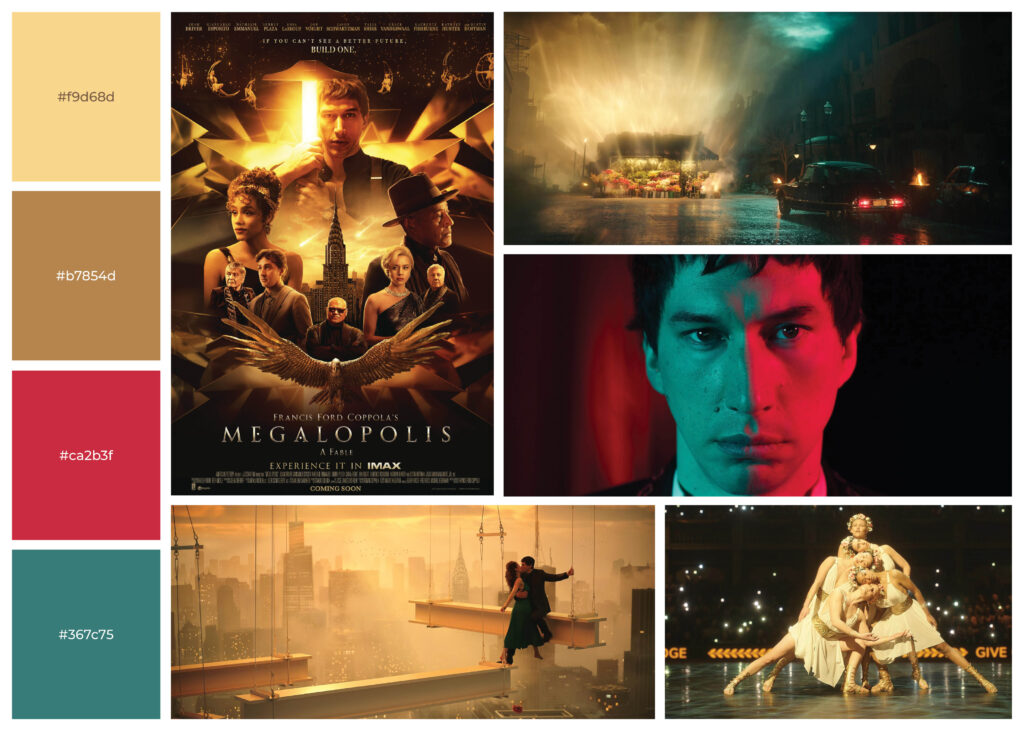 Images depicting a car in front of a flower shop, Adam Driver as Cesar staring into the camera, A couple kissing while on I-beams hanging over a city, and four ballet dancers on stage from Megalopolis (2024).