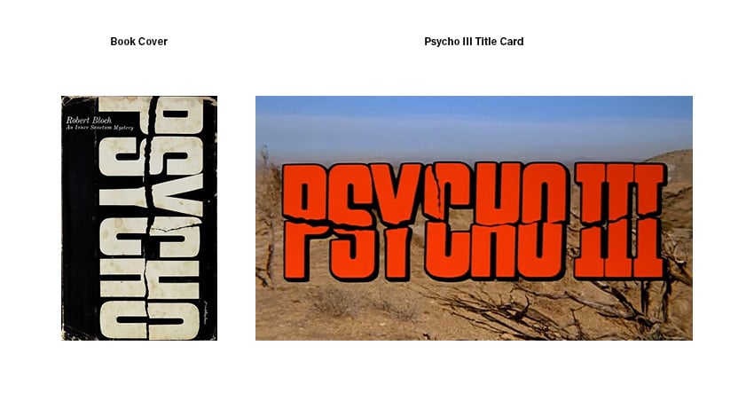Psycho book cover by Tony Palladino (left) and Psycho title card, 1986 (right)
