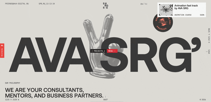 A modern website homepage for AVA SRG, featuring large dark gray text, a metallic 3D peace sign hand, and a CSSDA award badge on a light gray background.