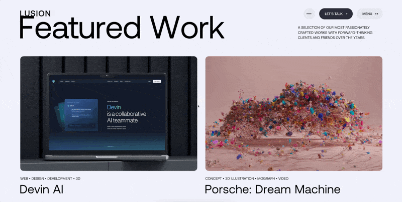 Screenshot of a website's 'Featured Work' section, displaying two project cards: one with a laptop showing 'Devin AI' software, and another with colorful abstract particles for 'Porsche: Dream Machine'.