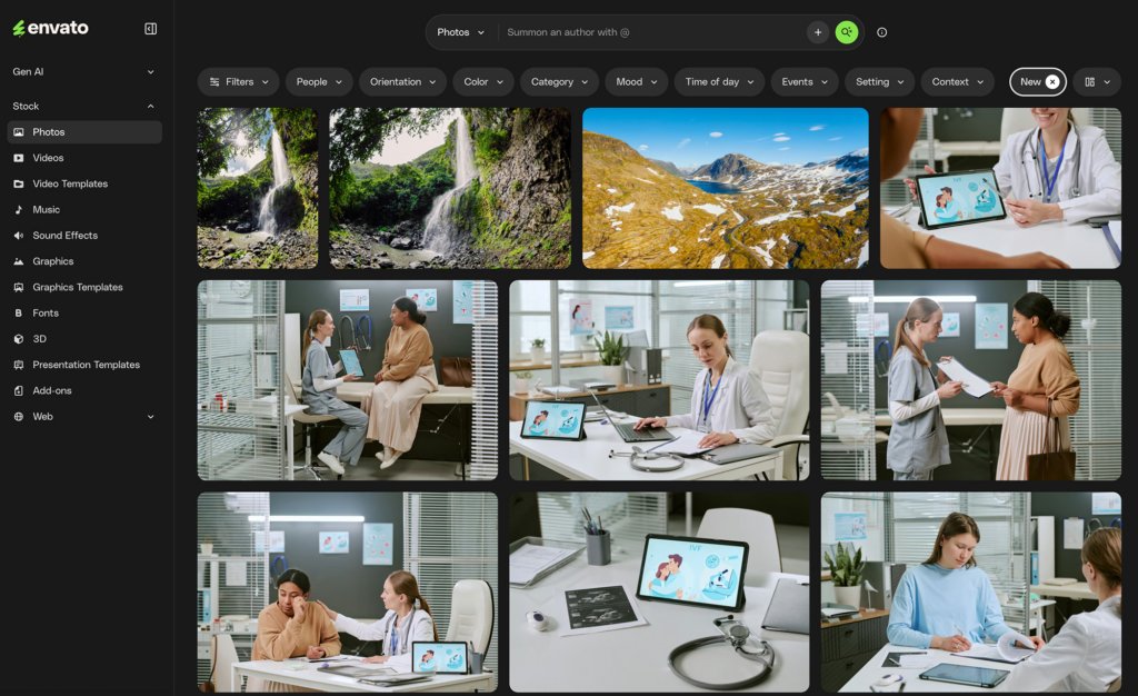 A screenshot of the Envato stock photo platform with a dark theme, showing a sidebar menu, search bar with filters, and a grid of nine diverse images including waterfalls, mountains, and medical consultation scenes with IVF illustrations.