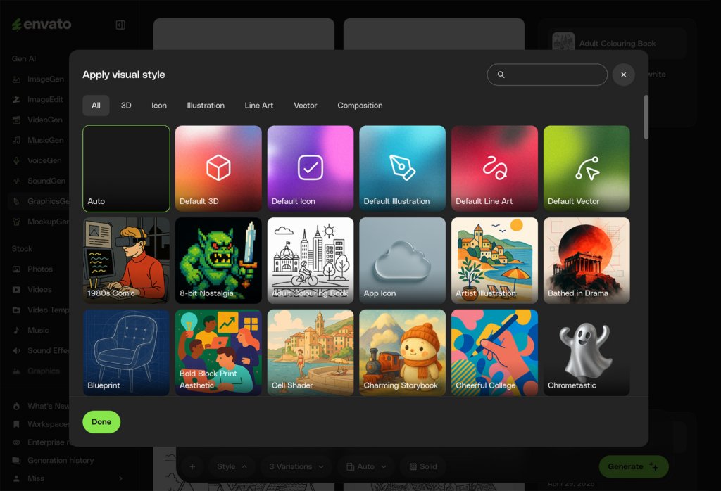 A screenshot of the Envato AI interface displaying a 'Apply visual style' modal with a grid of various art styles like '1980s Comic', '8-bit Nostalgia', 'App Icon', and 'Charming Storybook'. The 'Auto' style is highlighted, and a 'Done' button is visible.