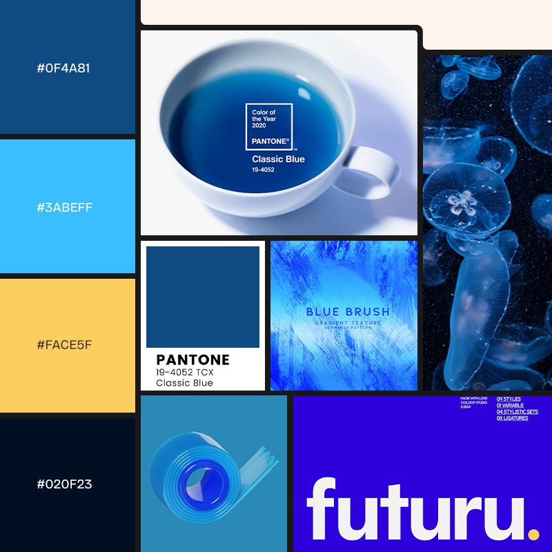 Blue and yellow color palette with various blue photos, patterns, fonts and 3D designs.