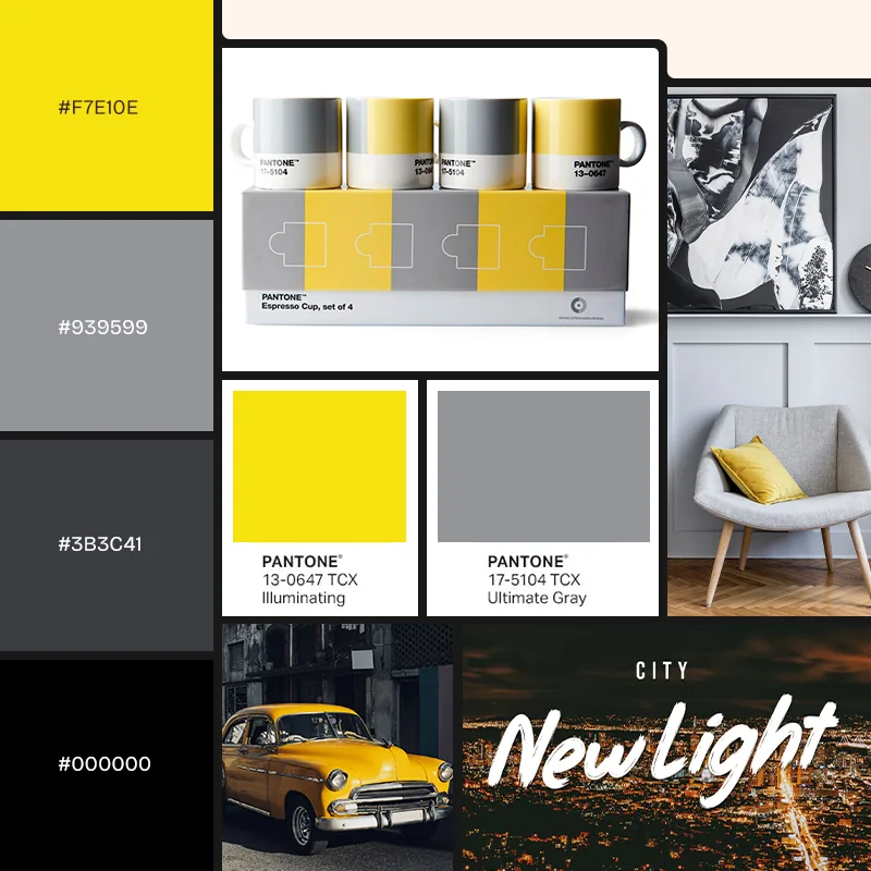 Yellow and gray color palette with various yellow and gray photos, patterns, fonts and 3D designs.