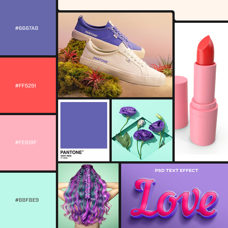 Turquoise, pink and periwinkle color palette with various turquoise, pink and periwinkle photos, patterns, fonts and 3D designs.