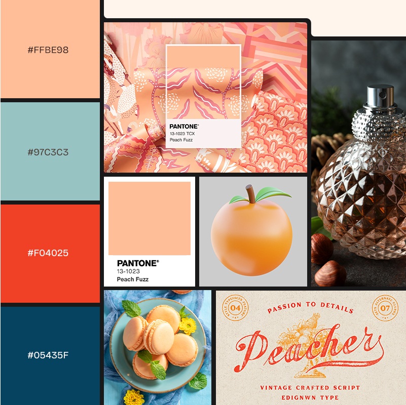 Pink, blue and red color palette with various photos, patterns, fonts and 3D designs.