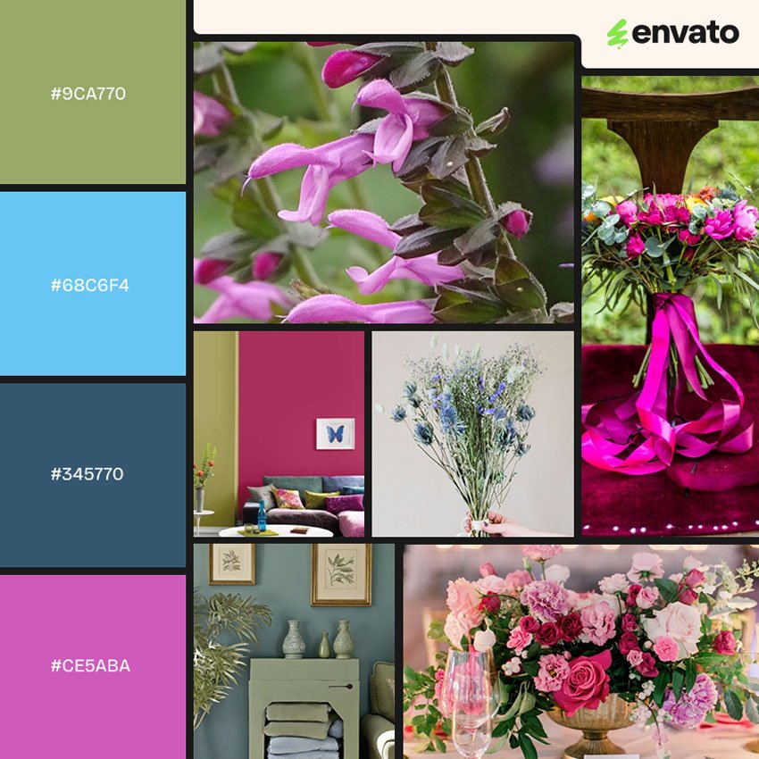 Sage green and saturated color palette with hex codes.