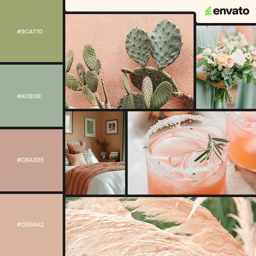 Sage green and light color palette with hex codes.