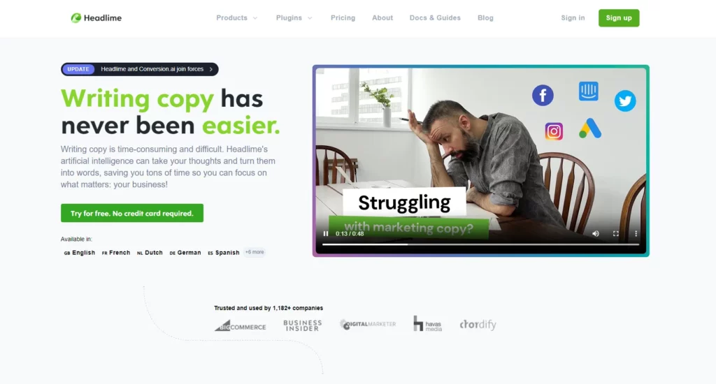 Headlime landing page with video