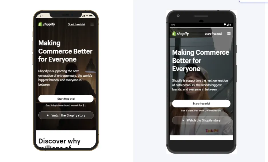 Shopify landing page on mobile