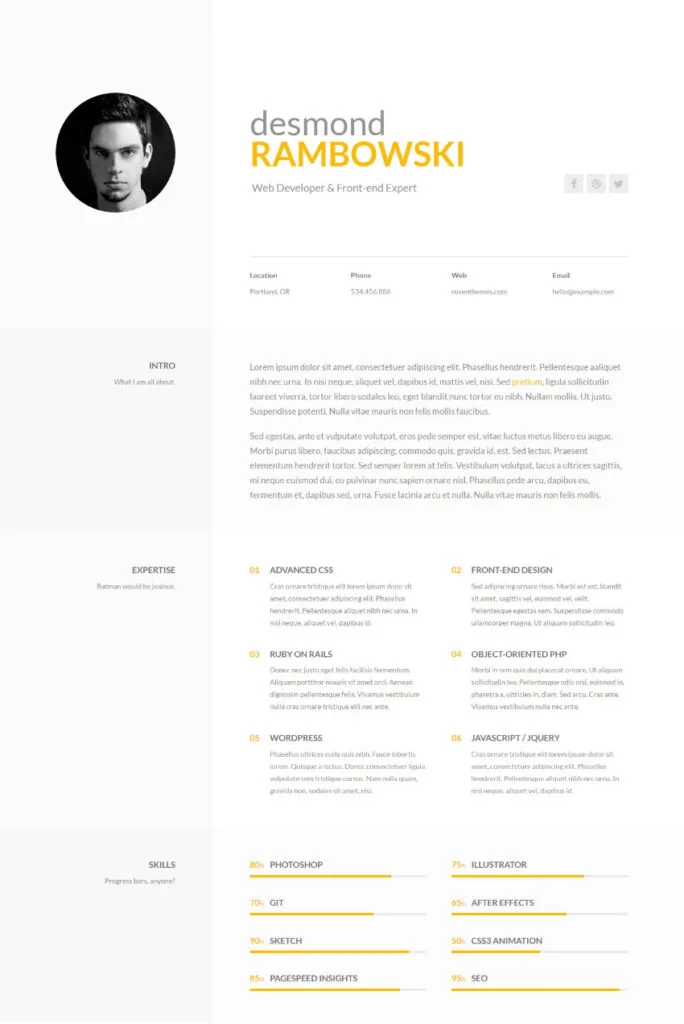 Desmond - One Page ResumeCV Website Template