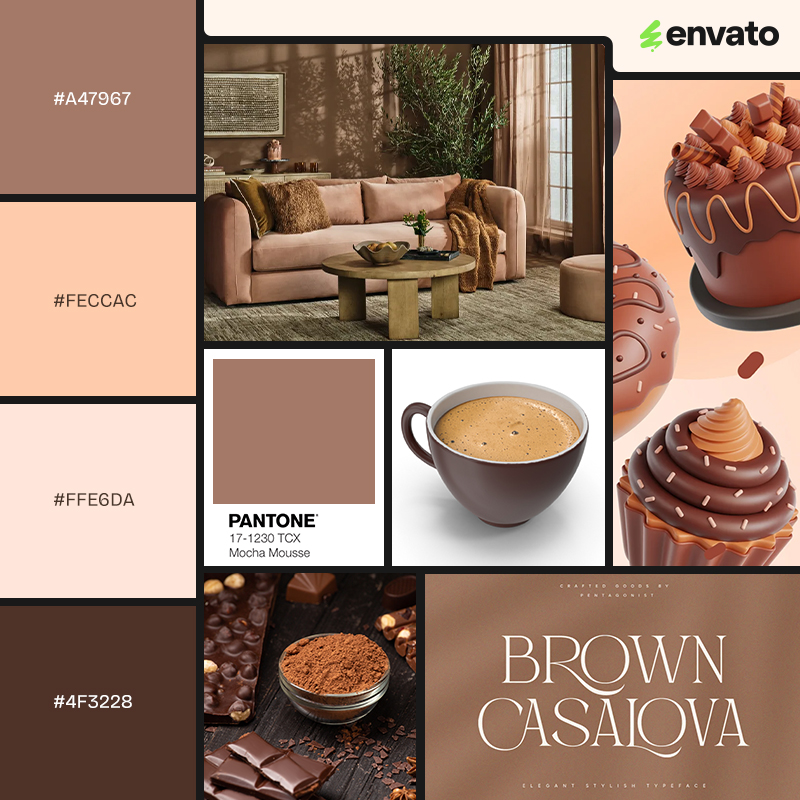 Brown color palette with various photos, patterns, fonts and 3D designs.
