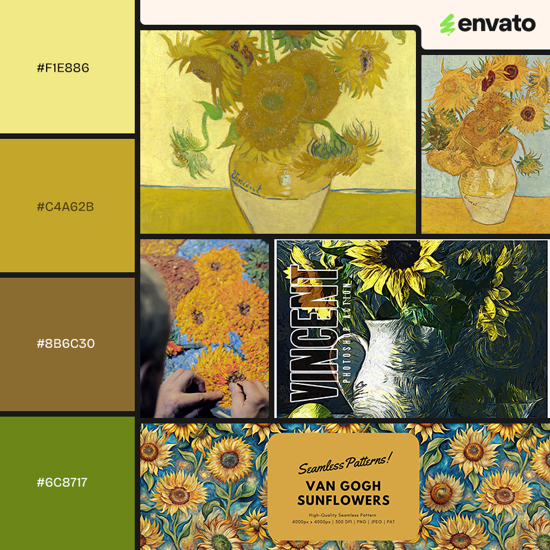 Mood board with yellow and green color palette, Van Gogh's Sunflowers, and elements inspired by Sunflowers. 