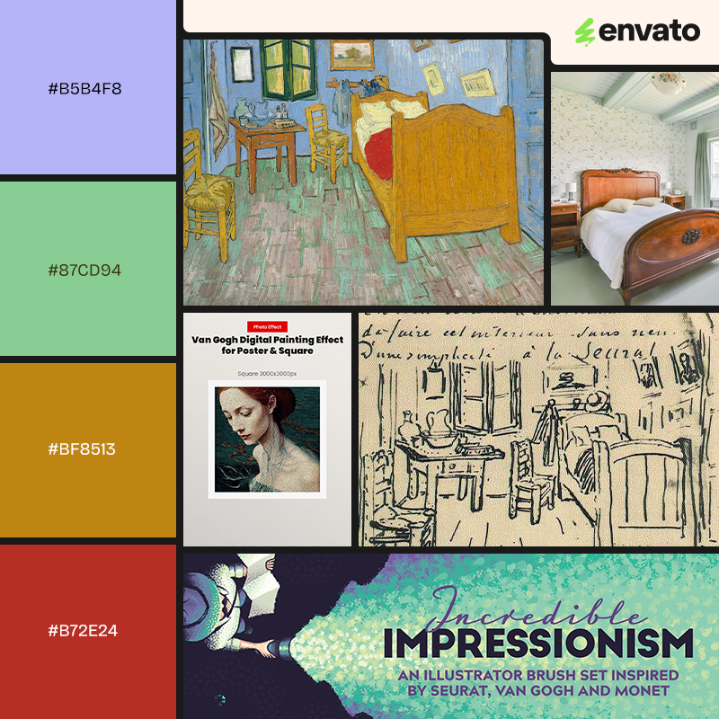 Mood board with lilac, green, yellow and red color palette, Van Gogh's Bedroom in Arles, and elements inspired by Bedroom in Arles.