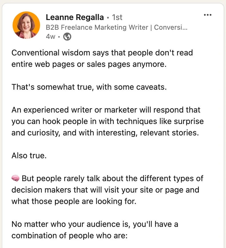 how to stand out on linkedin	- engaging post example by Leanne Regalla