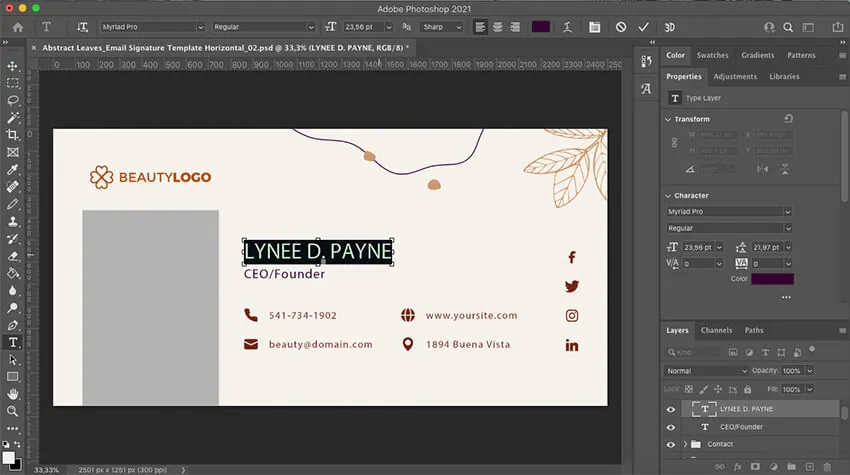 Customizing the text in the Email Signature Template