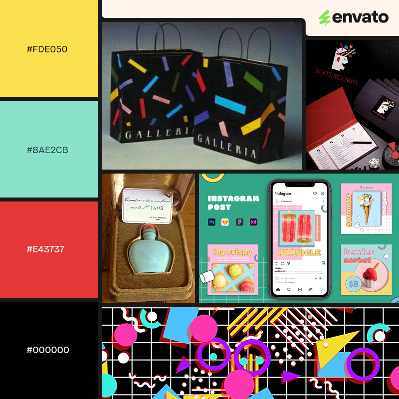 Mood board with yellow, teal, red and black palette, and elements inspired by memphis design style.