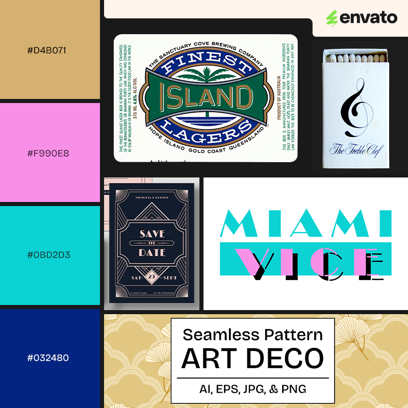 Mood board with gold, pink, and blue  color palette, and elements inspired by 80s art deco design style.