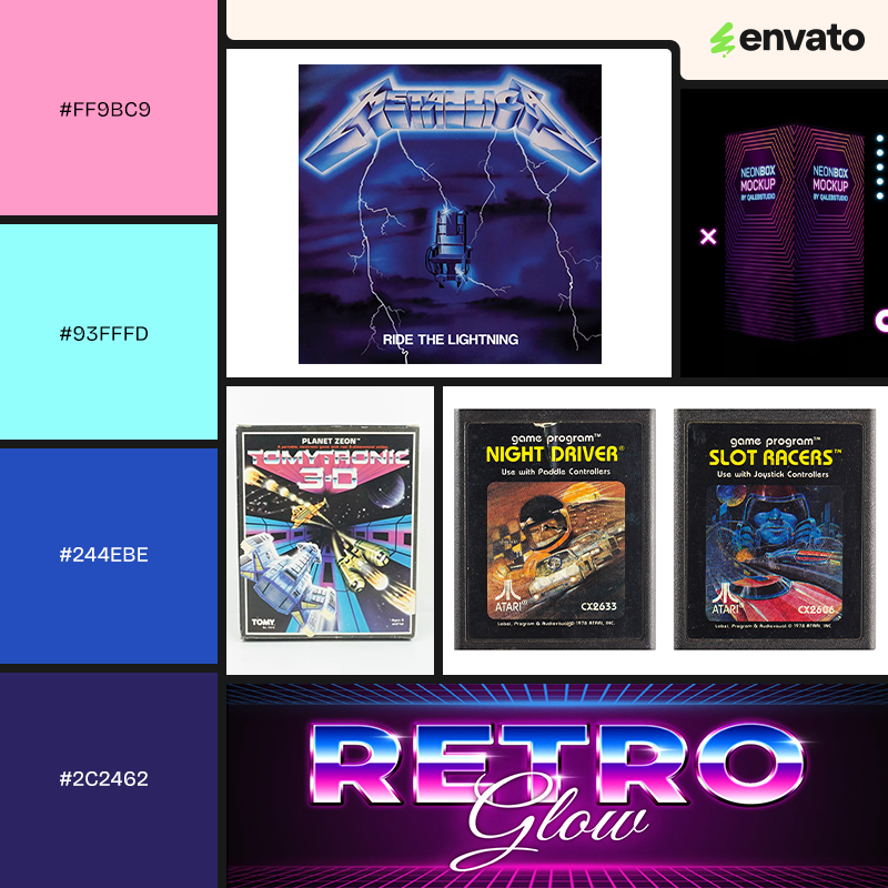 Mood board with pink, blue and purple color palette, and elements inspired by futuristic design style.