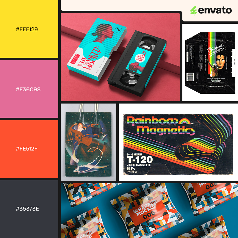 Mood board with yellow, pink, red and black color palette, and elements inspired by 80s avant-garde design style.