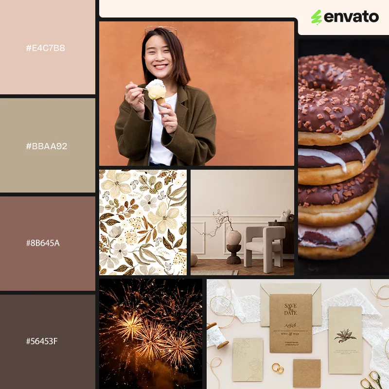 Relaxed elegance Mocha Mousse color palette with hex codes.