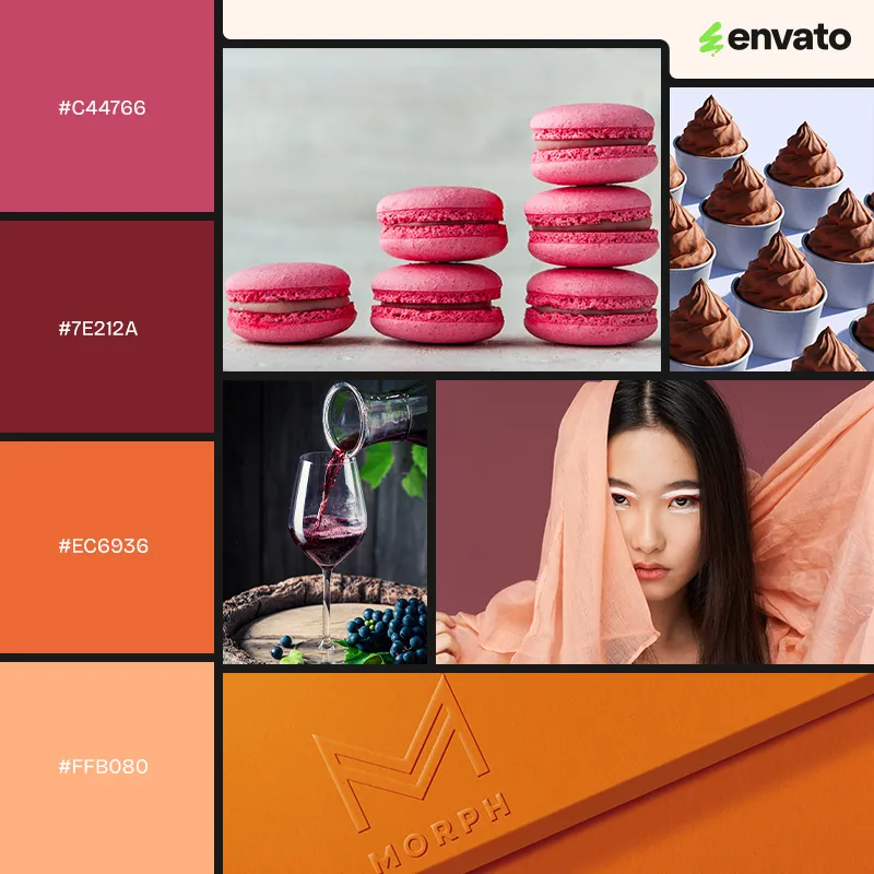 Deliciousness Mocha Mousse color palette with hex codes.