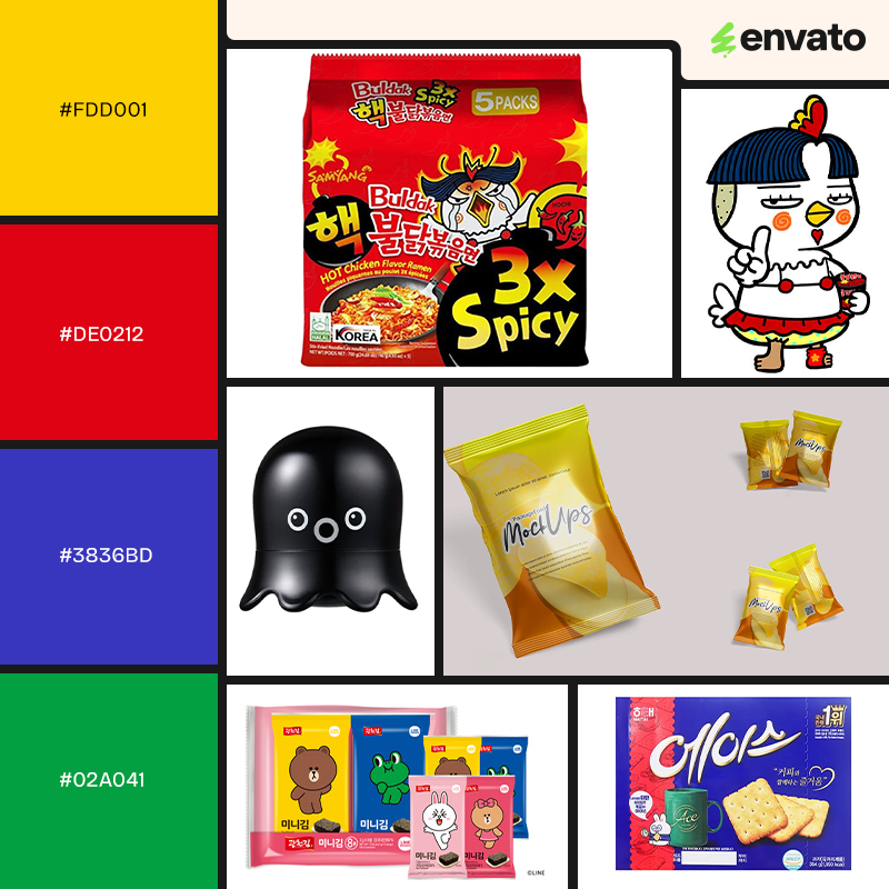 Mood board with yellow, red, blue and green palette, and elements inspired by Korean packaging design.