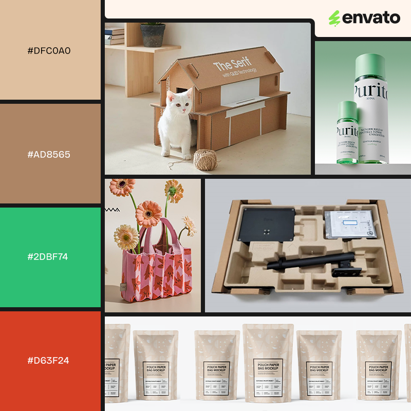 Mood board with tan, brown, green and red palette, and elements inspired by Korean packaging design.
