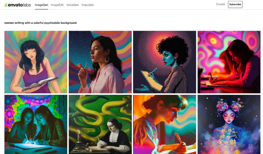Images of women writing with a colorful background, created using ImageGen.