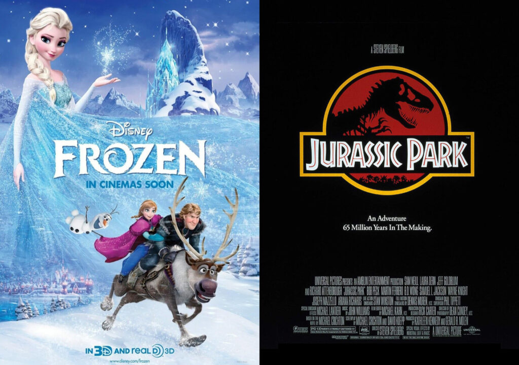 Movie poster designs from Frozen and Jurassic Park