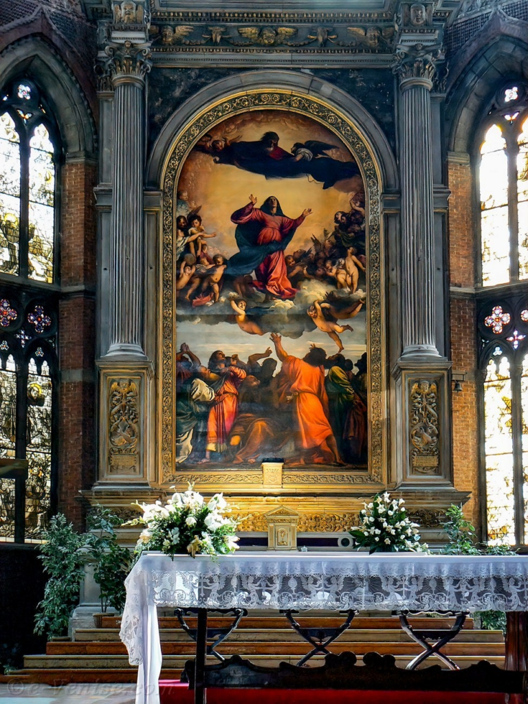 Titian's Assumption of the Virgin with vermilion red drapery, apostles below, and Mary ascending to heaven
