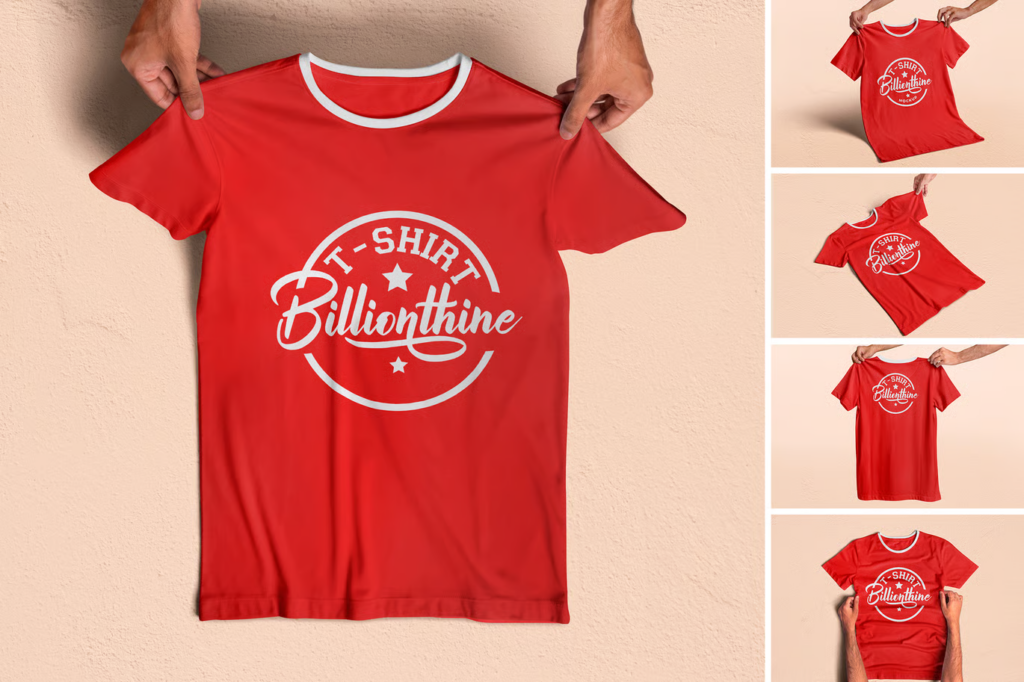 A red t-shirt with a white circular logo featuring 'T-SHIRT Billionthine' text, presented in multiple views, including being held by hands and laid flat on a beige background.