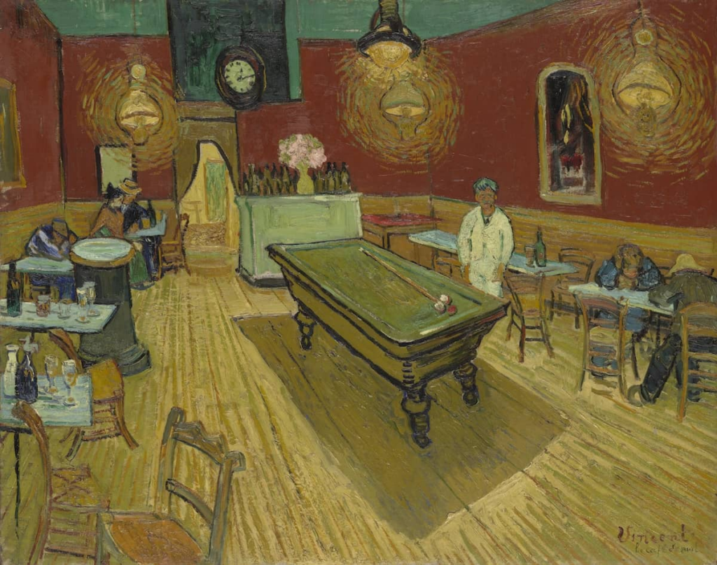 Van Gogh's Night Cafe painting with vermilion red walls, yellow floor, billiard table, and cafe patrons