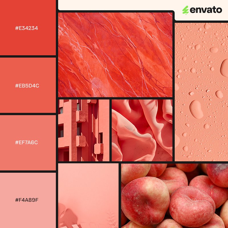 Vermilion monochromatic palette showing different natural textures and geometric photos