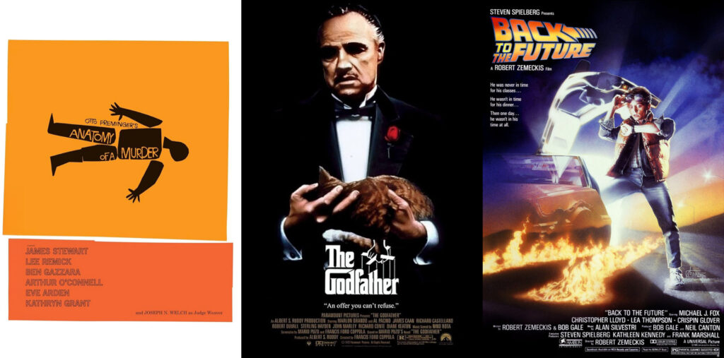Movie poster designs from Anatomy of a Murder, The Godfather, and Back to the Future