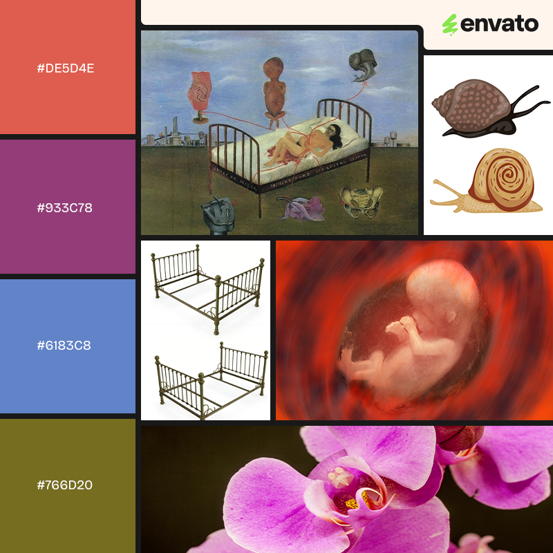 Red, purple, blue and green color palette with images related to Frida Kahlo's painting, Henry Ford Hospital (1932).