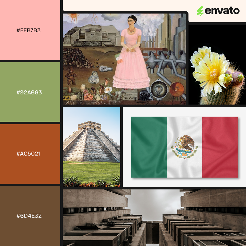 Pink, green, red and brown color palette with images related to Frida Kahlo's painting, Self-Portrait on the Borderline Between Mexico and the United States (1932).