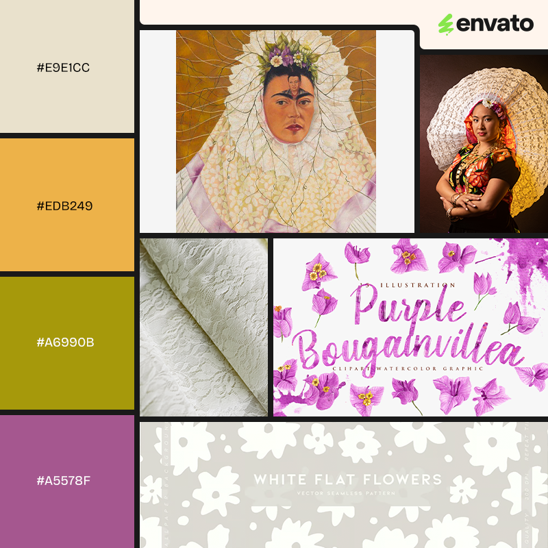 Cream, gold, green and purple color palette with images related to Frida Kahlo's painting, Self-Portrait with Diego on My Mind (1943).