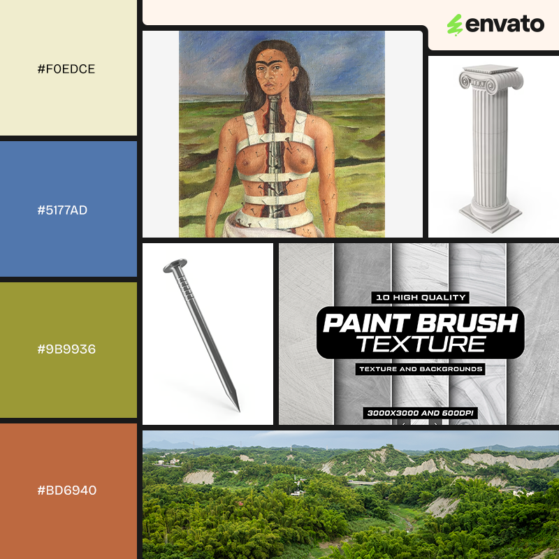 Cream, blue, green and salmon color palette with images related to Frida Kahlo's painting, The Broken Column (1944).