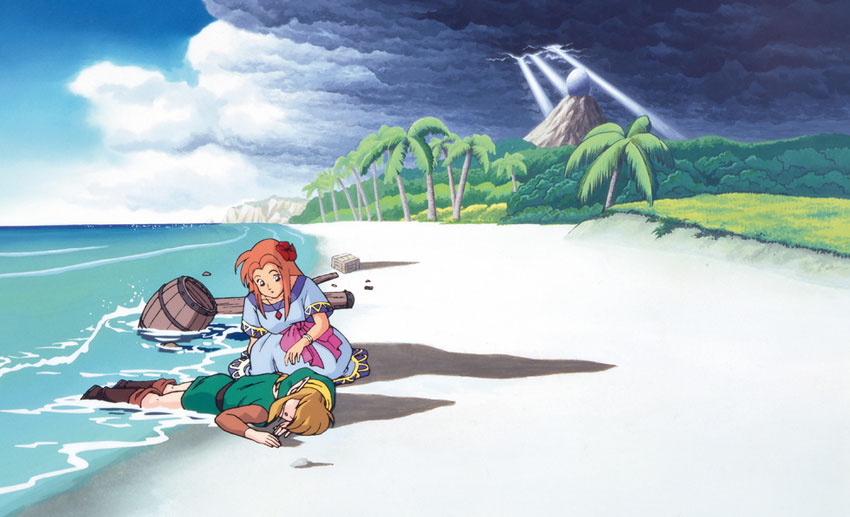 Marin finding Link unconscious in Link’s Awakening on the Game Boy.