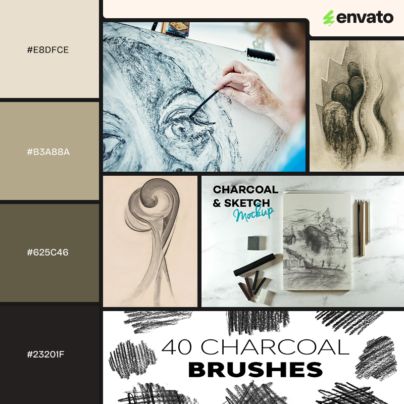 Tan and gray color palette with Georgia O'Keeffe charcoal sketches and related images. 