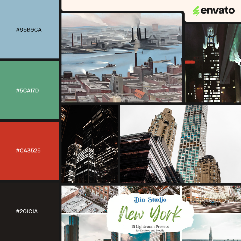 Blue, green, red, and black color palette with Georgia O'Keeffe paintings of New York with related imagery.