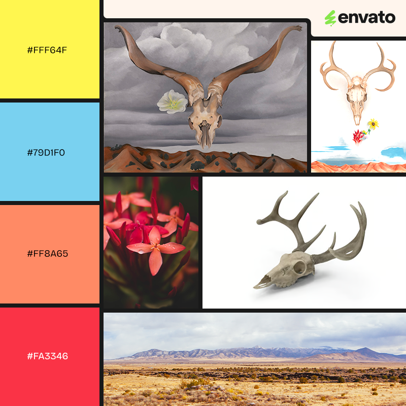 Yellow, blue and pink color palette with Georgia O'Keeffe deer skull paintings and related imagery.