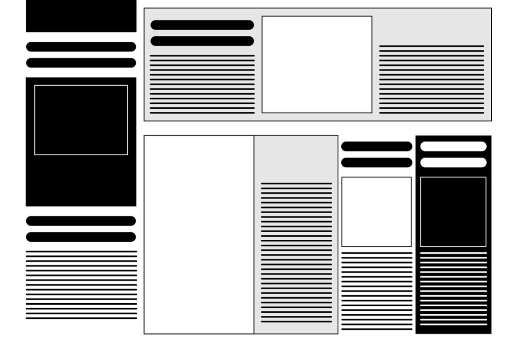 My wireframe uses a modular grid with article elements flowing horizontally and vertically across the page