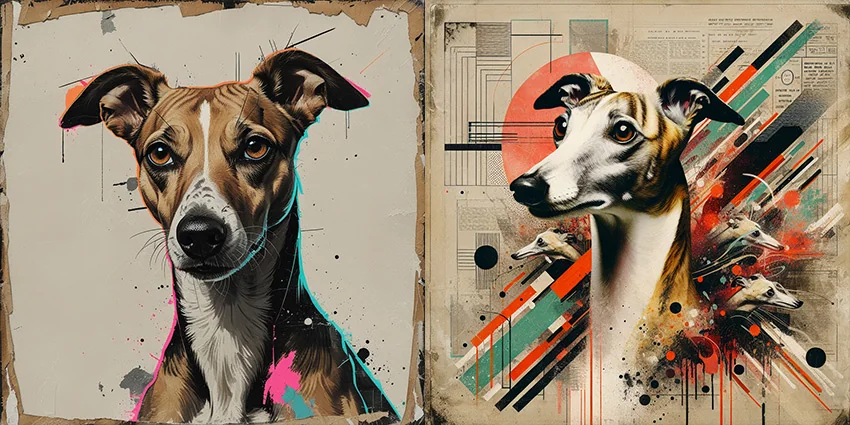 a whippet dog in grunge collage art style