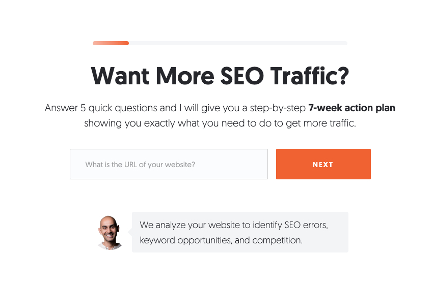 Neil Patel's pop-up "Want More SEP Traffic?" quiz